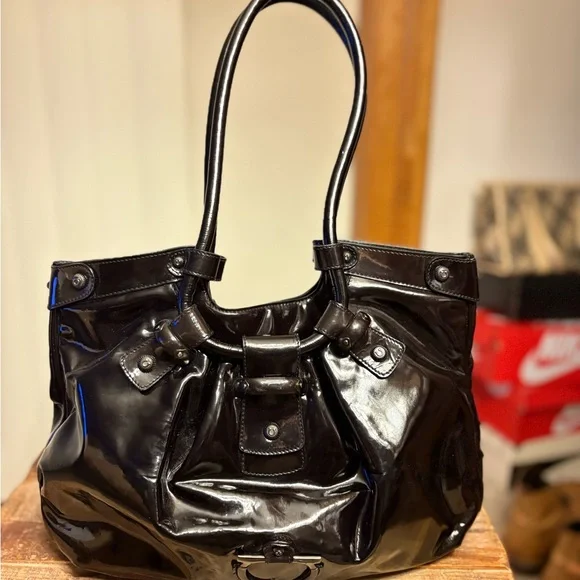 Authentic Salvatore Ferragamo Black Patent Leather Celtico Satchel